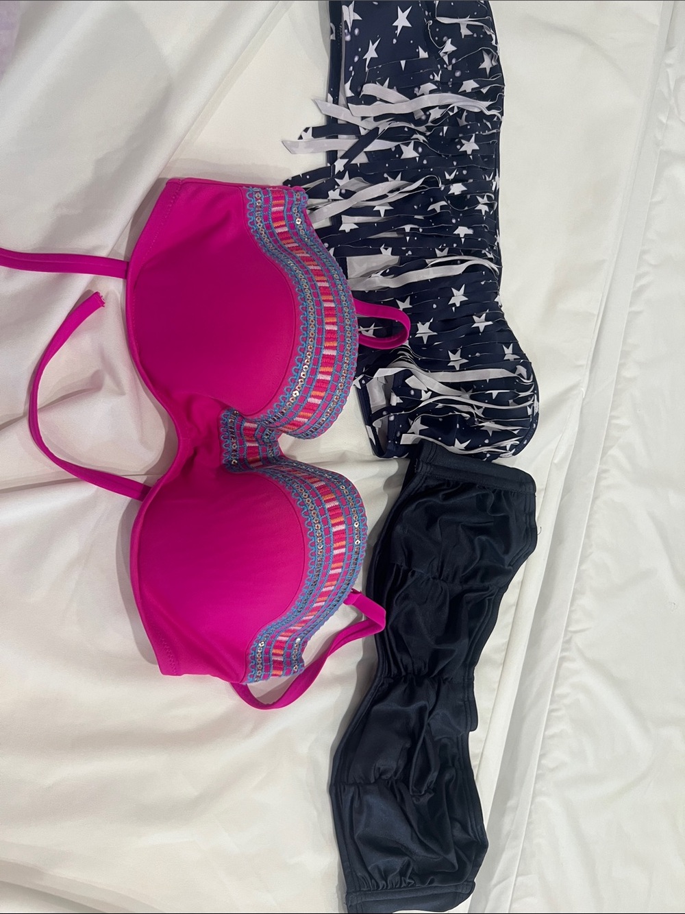 Lot of 3 bikini tops: navy bandeau shade and shore 36C, pink shade and shore 34D